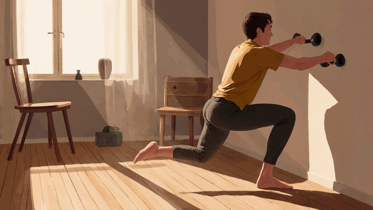 Osoba dělá dřepy a tlačení na zemi doma s použitím židle a zdi.