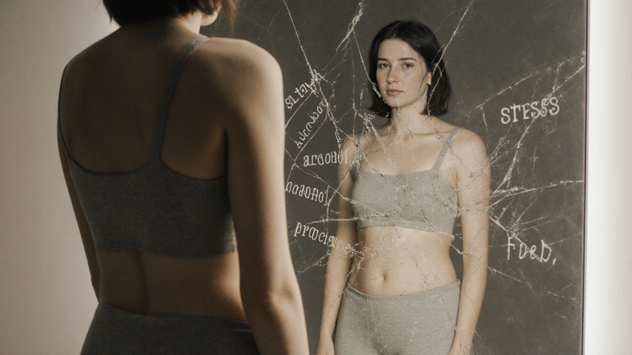 Osoba před zrcadlem, kde její odraz ukazuje ploché břicho, ale skutečné tělo má nafouklé.