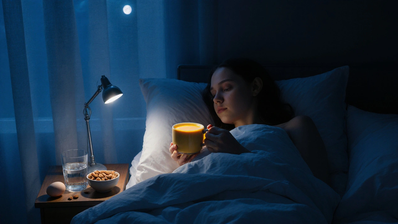 Osoba v posteli s čajem z kurkumou, vedle ní oříšky a vařené vajíčko.