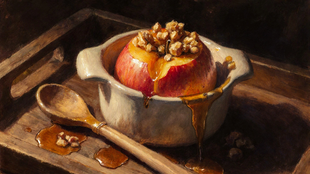 Pečené jablko v keramické misce s ořechy a medem na dřevěném podnosu.