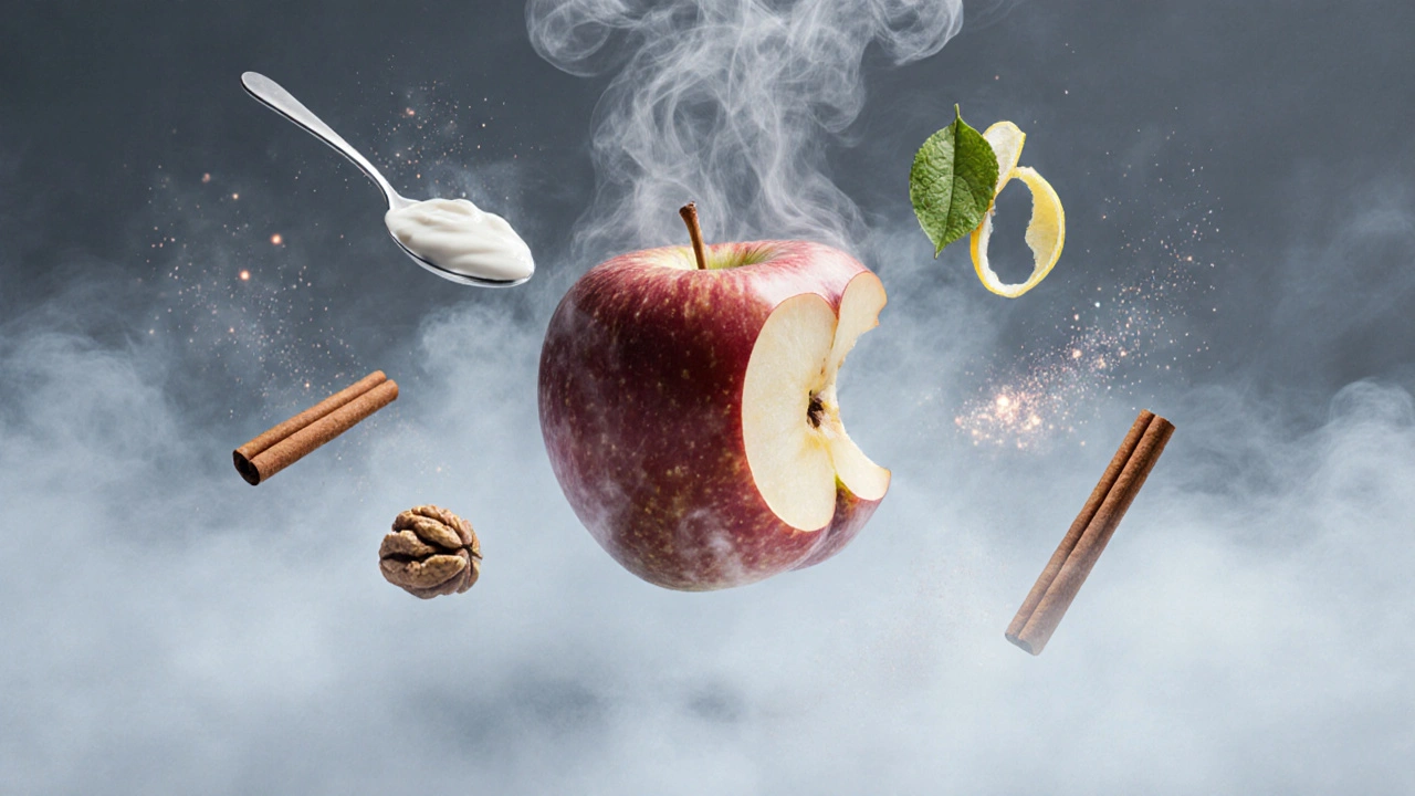 Polovina jablka plující ve výparu s přírodními přísadami symbolizujícími zdraví.