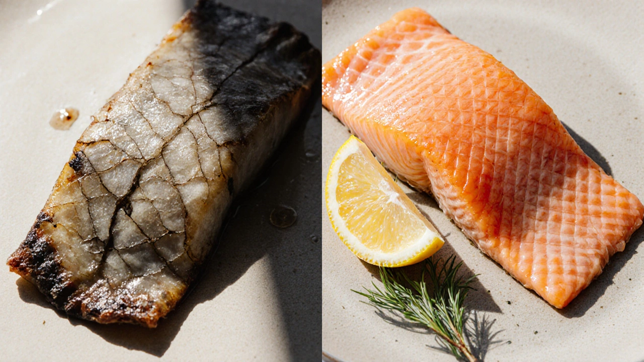 Porovnání dokonalé pářené ryby a suché převařené ryby.