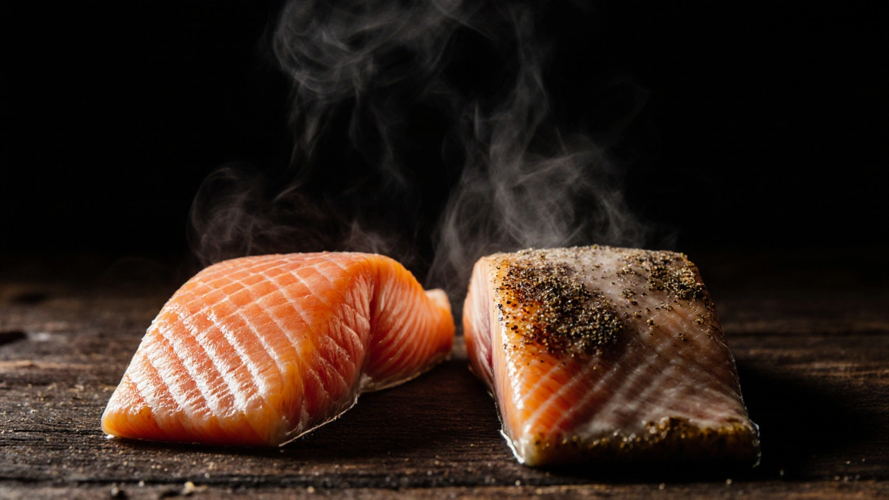 Porovnání dokonalého a přehřátého lososa s výrazným rozdílem v textu.