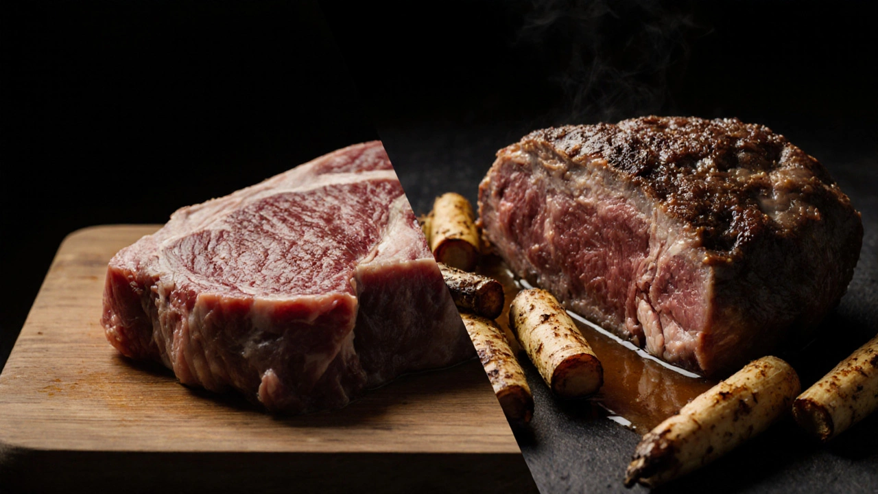 Před a po: surové maso a stejný kus po dlouhém dusení bez přidaného tuku.