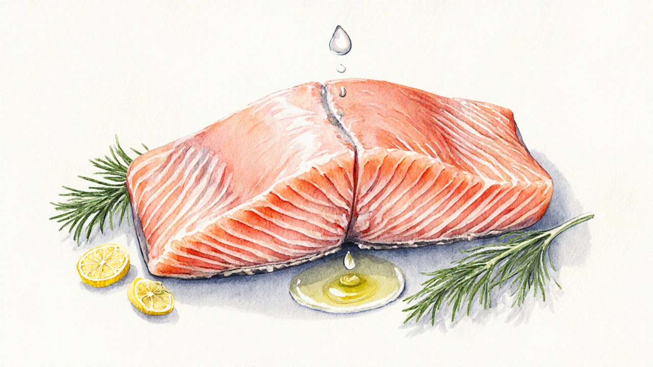 Příčný řez dokonale uvařeného lososa s jemně rozpadavým masem a bylinkami.