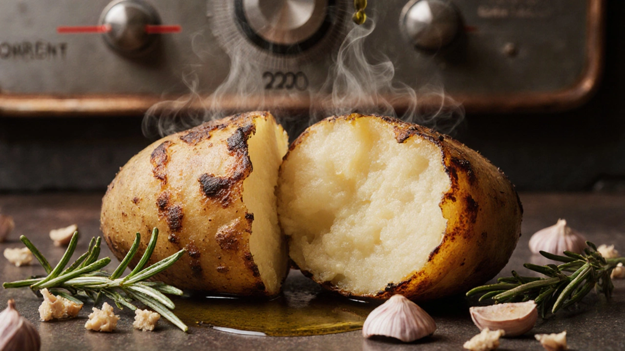 Příčný řez upečené brambory s křupavou kůrou a měkkým vnitřkem