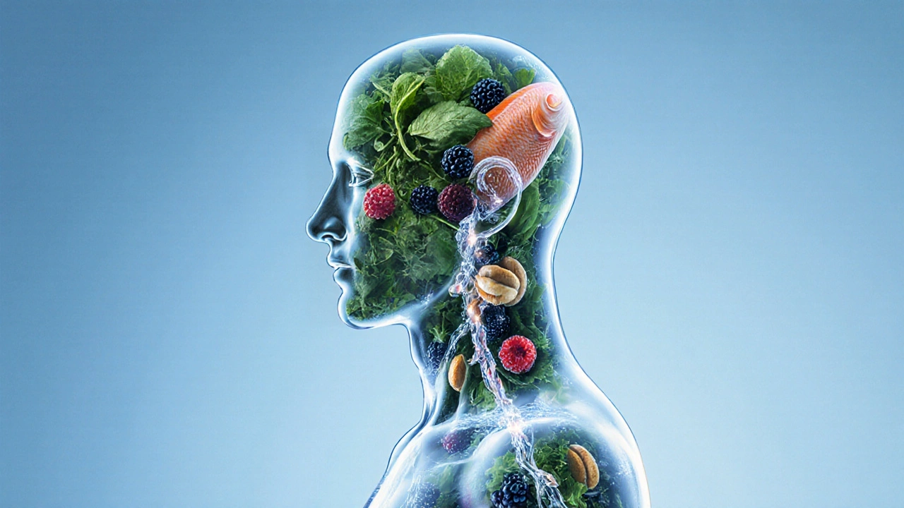 Průhledný lidský obraz s vnitřními prvky zdravé stravy: zelenina, ovoce, ryby a ořechy.