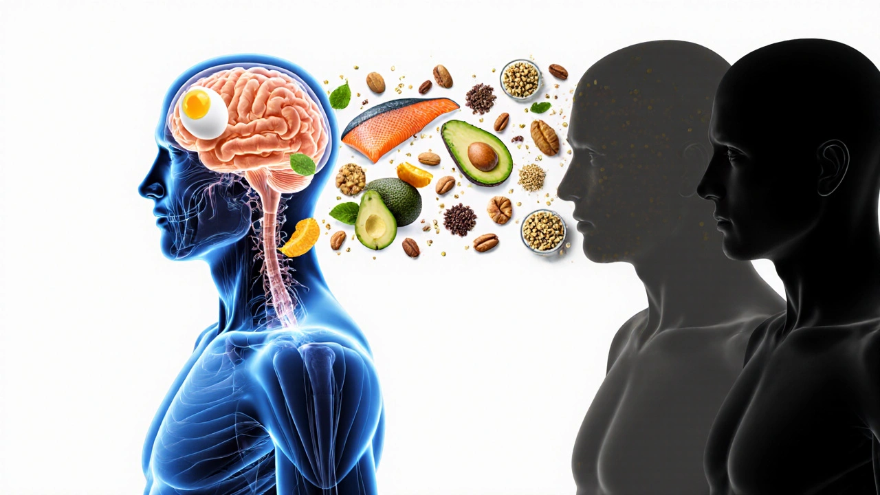 Průhledný lidský tělo naplněné energií z výživných potravin, stíny únavy ustupují.