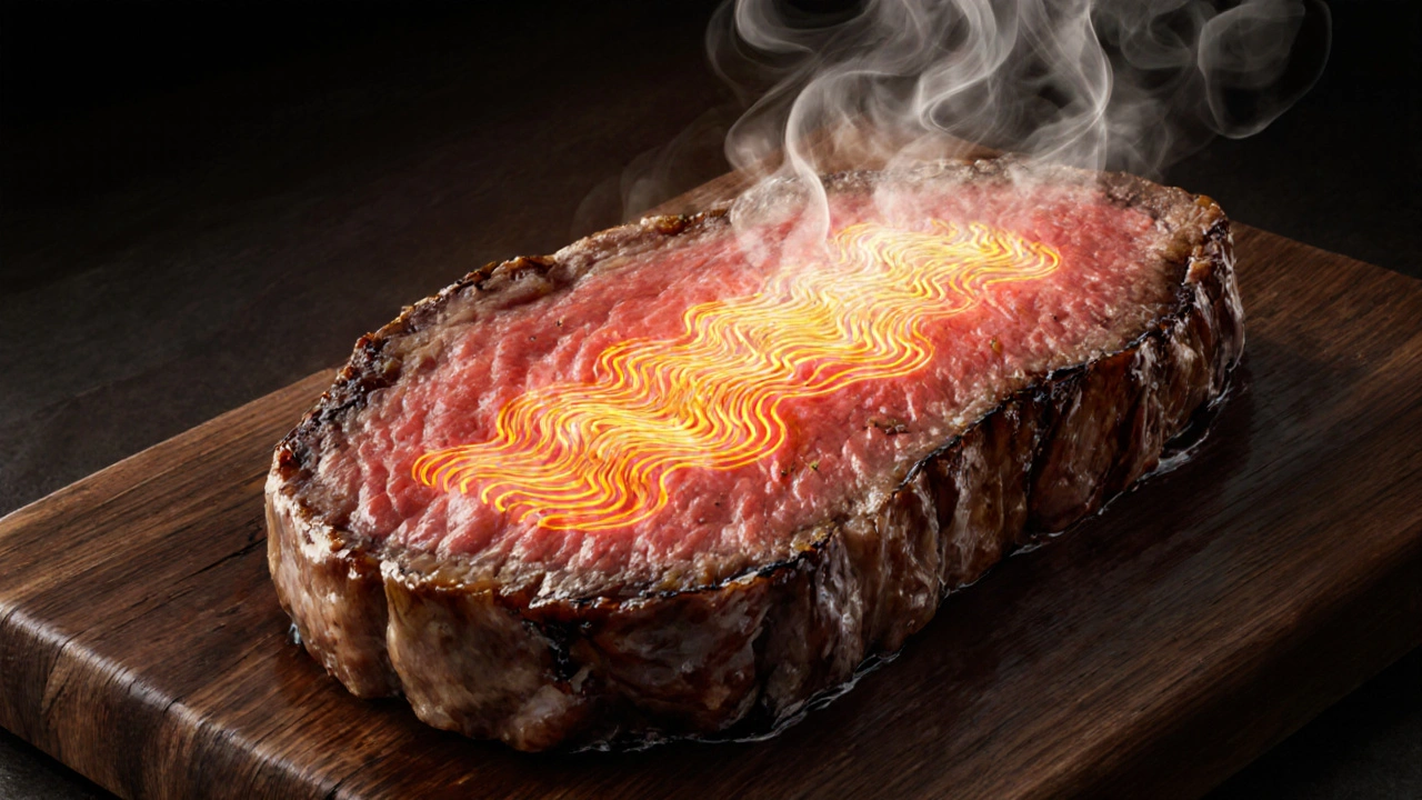 Průřez hovězího steaku s teplotním gradientem od krajů ke středu.