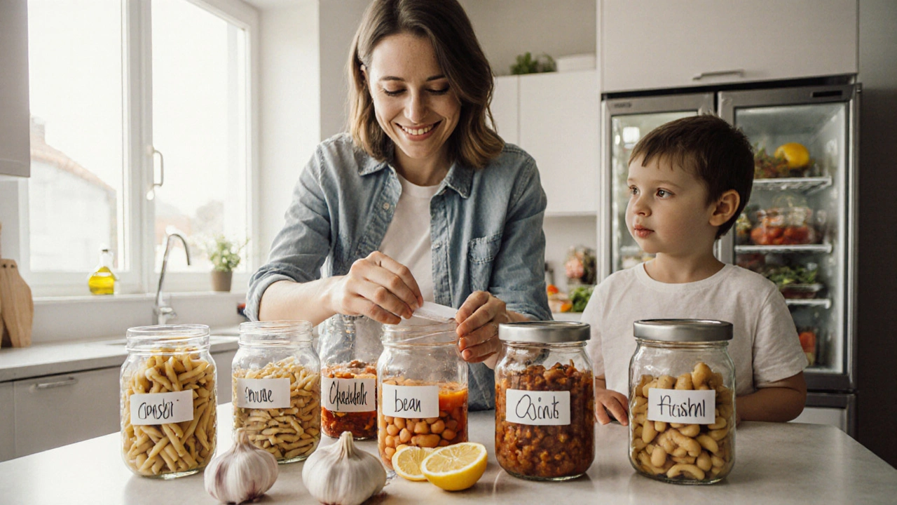 Rodina připravuje jídlo na více dní v české kuchyni s nálepkami a bylinkami.