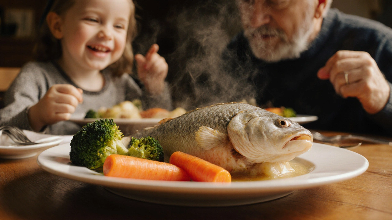 Rodina večeří na dřevěné tabuli s pářenou rybou a zeleninou.