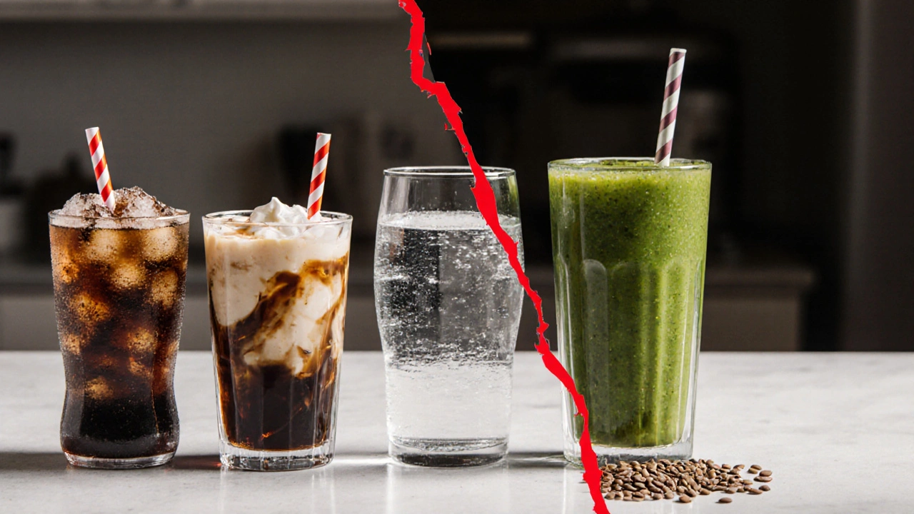 Rozdělený obraz: špatné nápoje vlevo, zdravé vpravo, symbolický kontrast.