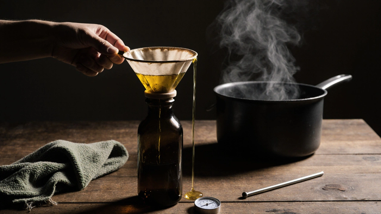 Ruka filtruje použitý olej přes kávový filtr do tmavé láhve, na stole teploměr a utěrka.