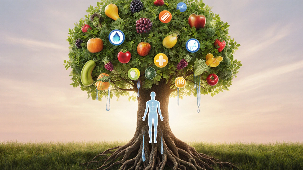 Strom s listy tvaru ovoce a zeleniny, jehož kořeny se dotýkají lidského těla, symbolizující zdravou výživu.