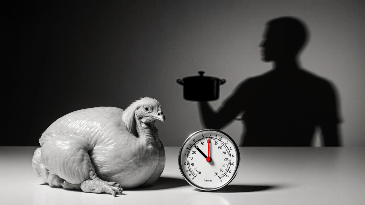 Teploměr a hodiny vedle syrového kuřete – symbol času versus teploty.