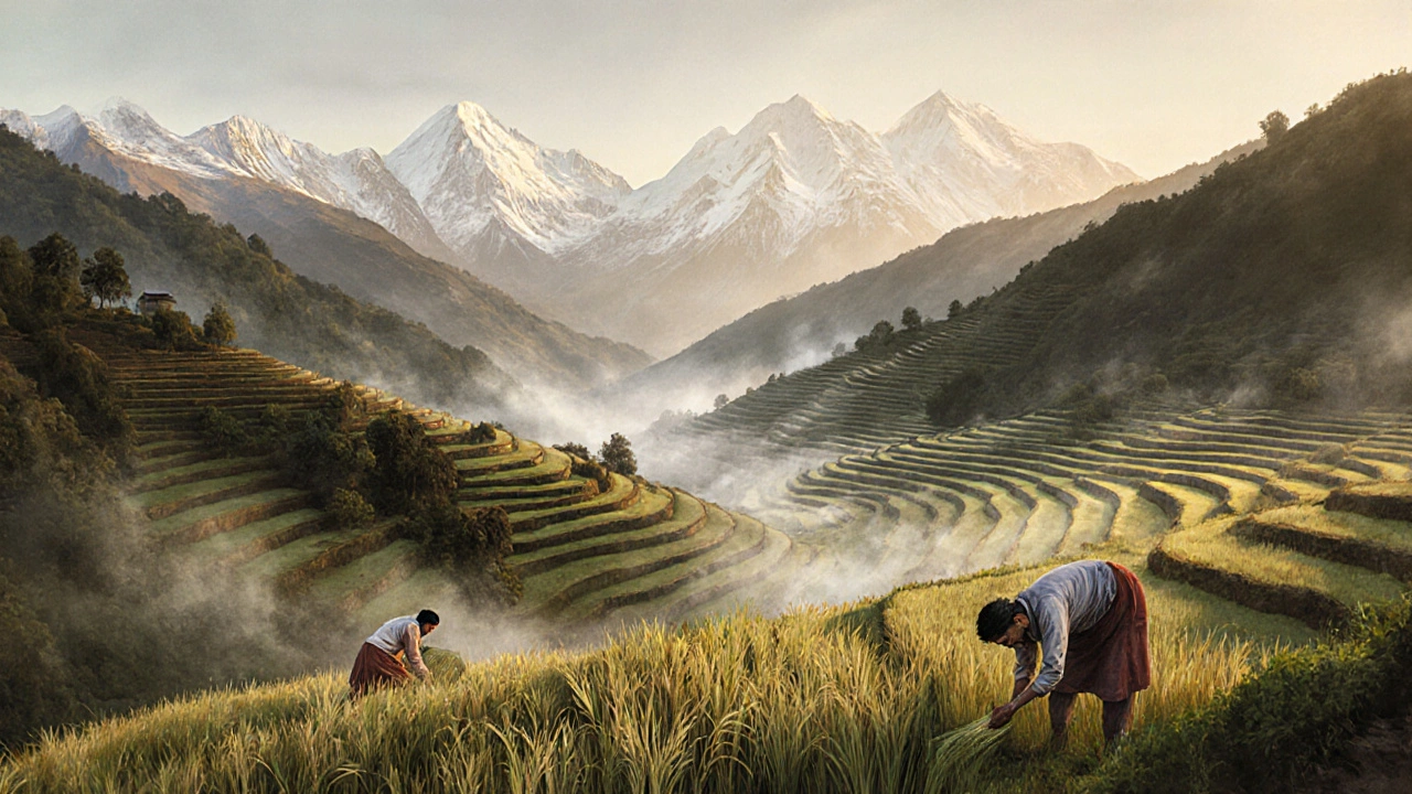 Terrasové rýžové pole v Himalájích při východu slunce.