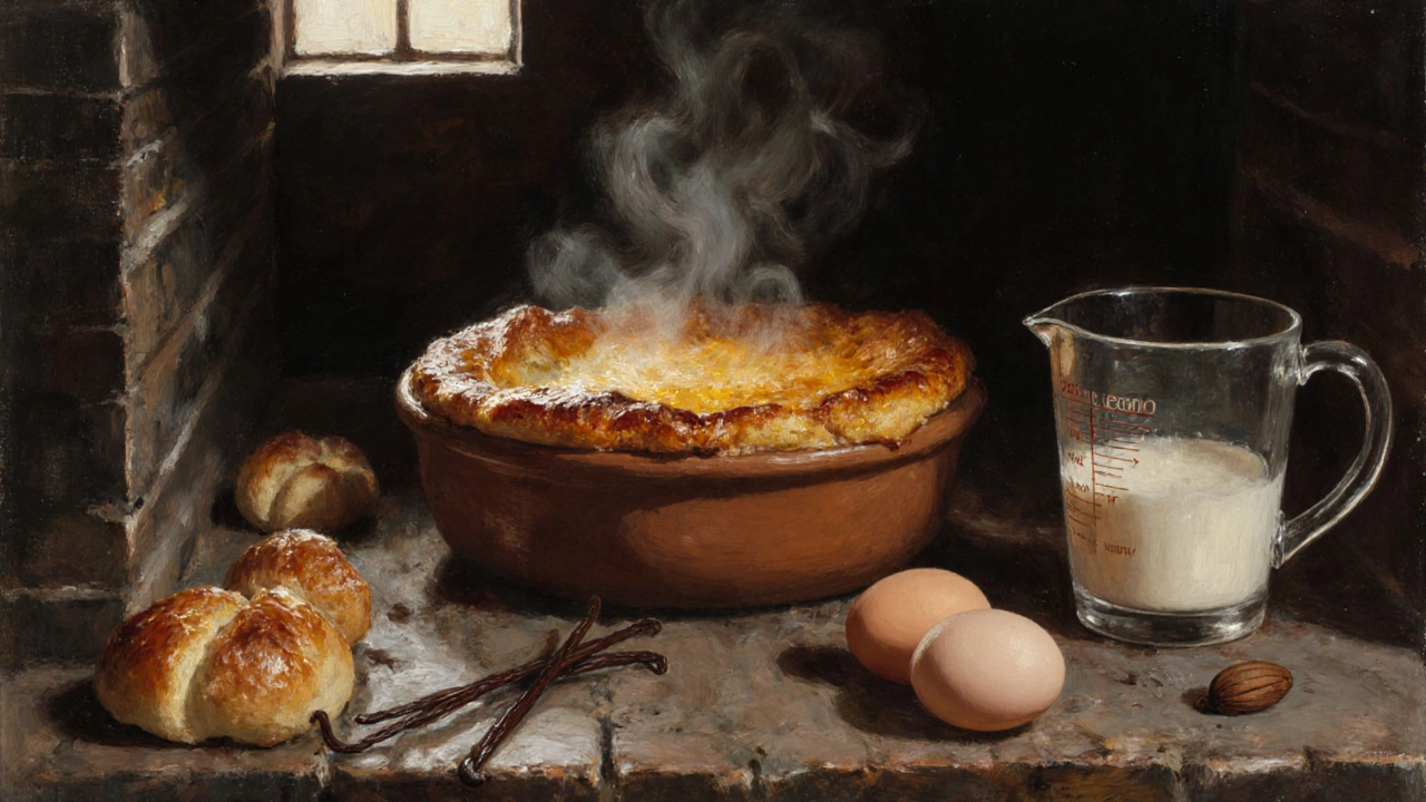 Tradiční žemlovka pečená v hliněné formě, z ní vstupuje pára.