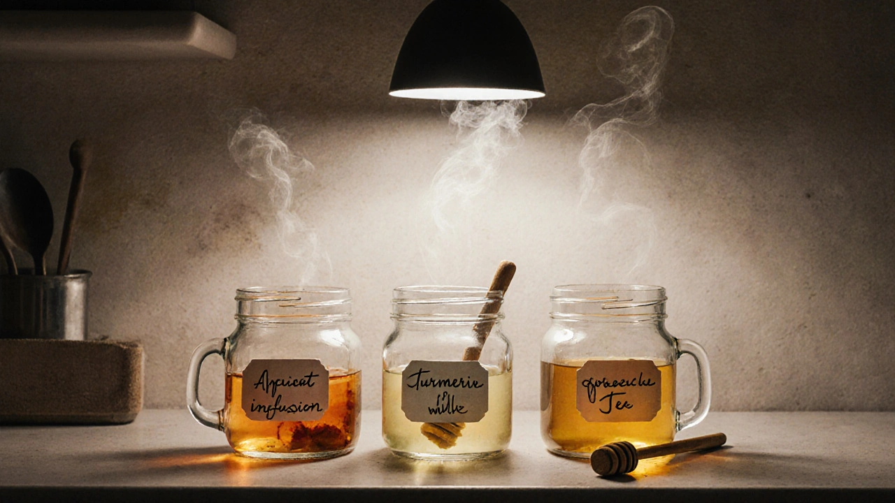 Tři bylinné čaje ve skleněných nádobách na dřevěné pultu bez cukru.