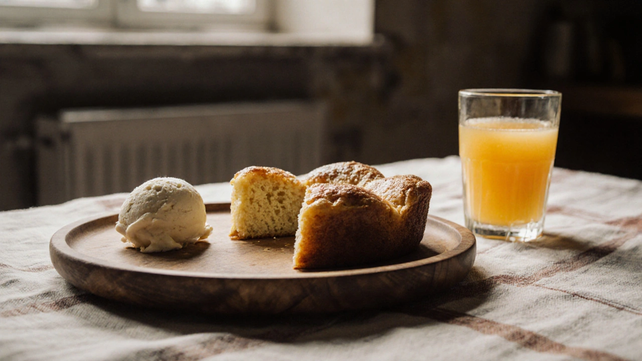 Upečená žemlovka s kopečkem vanilkové zmrzliny a sklenicí pomerančové šťávy.