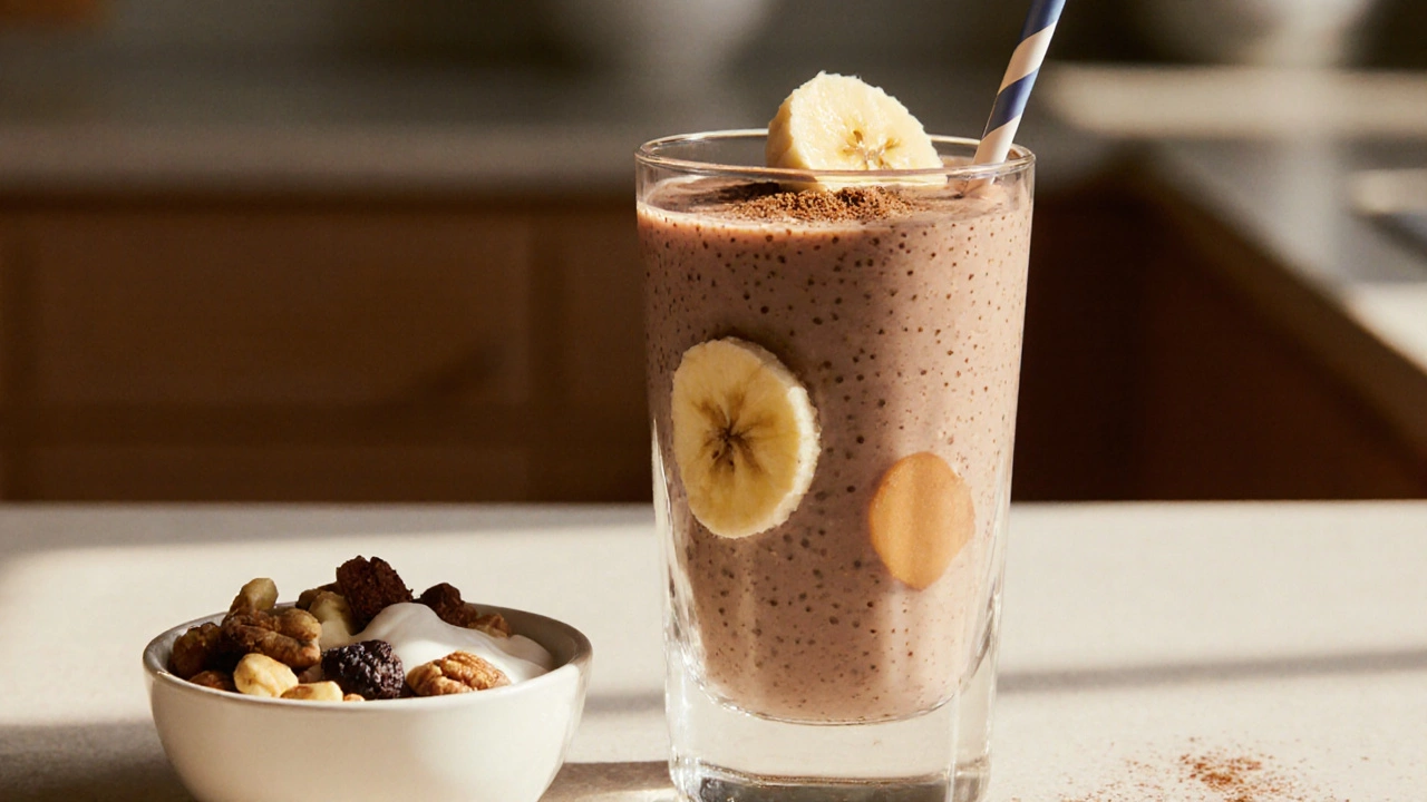 Živý smoothie s ořechovým máslem a sušeným ovocem vedle jogurtu a oříšků.