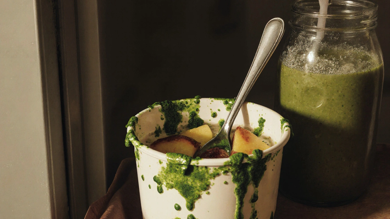 Zkažená přesnídávka s plísní a lepkavými zbytky v nádobě