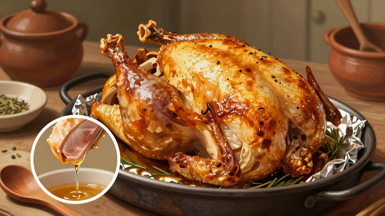Celé kuře v troubě s jasnými šťávami při řezu na stehně.