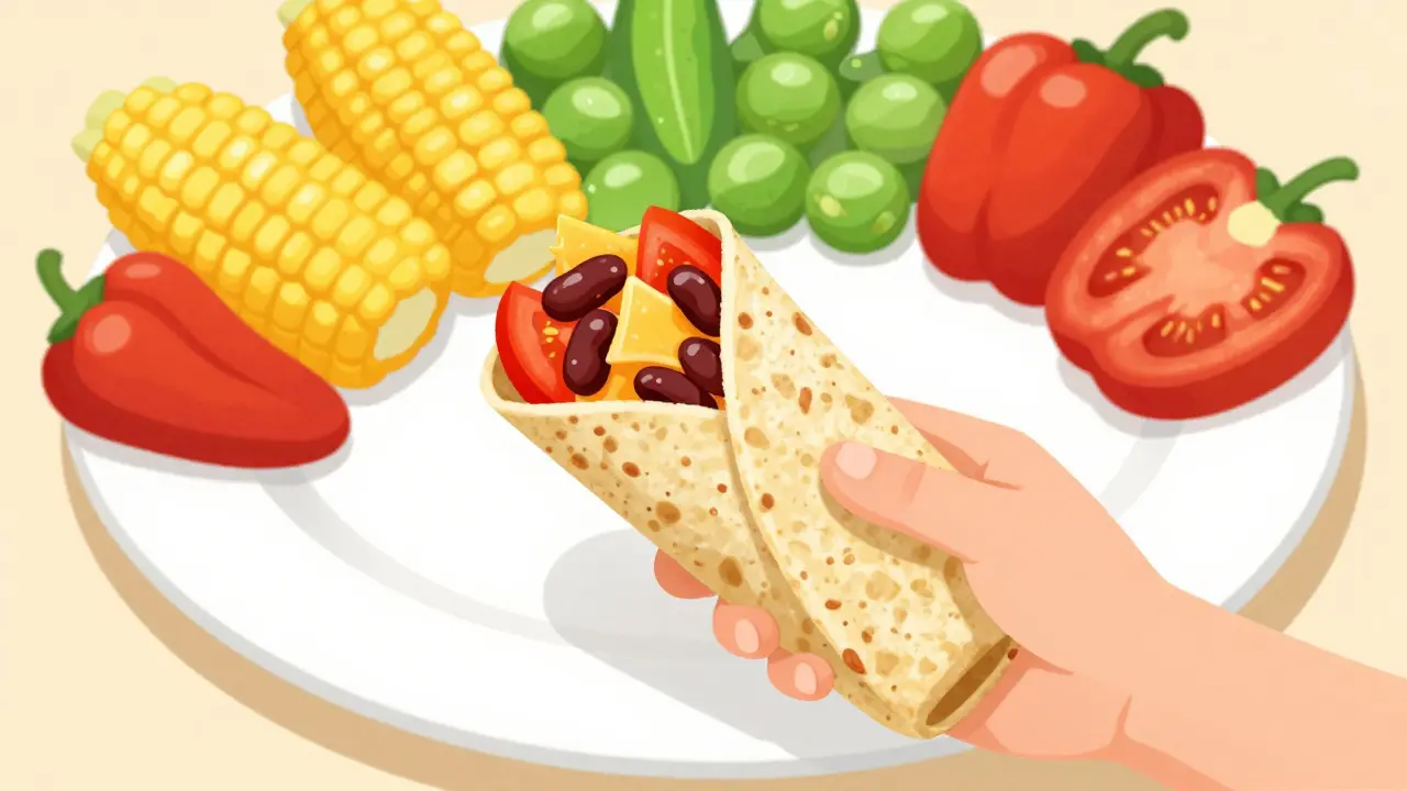 Dítě drží rukou mini burrito s fazolí a sýrem, kolem něj barvité zeleniny.