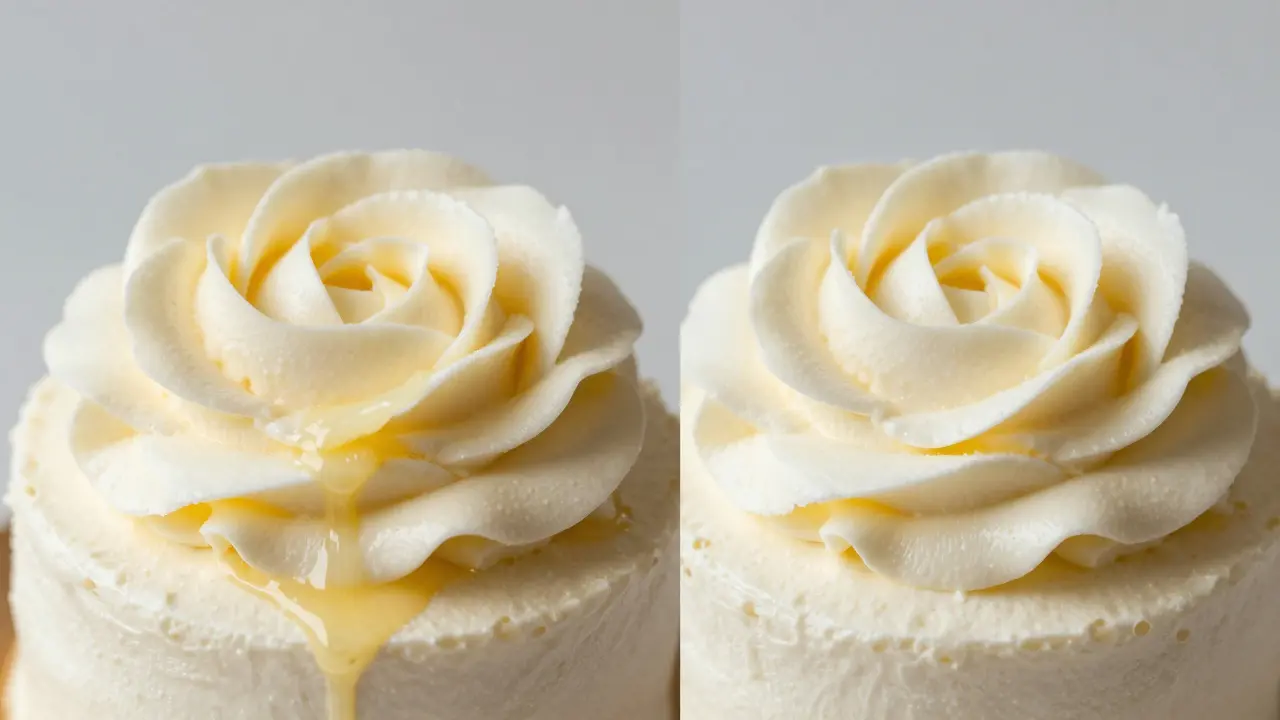 Dvě verze máslového krému: správná hladká a špatná tuková kaše vedle sebe.