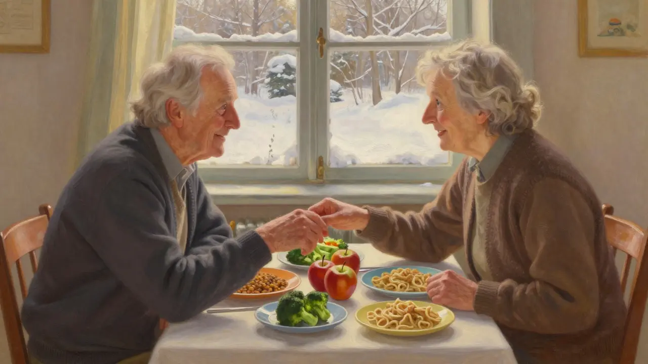 Elderly couple enjoying a nutritious meal together at a cozy table with colorful food.