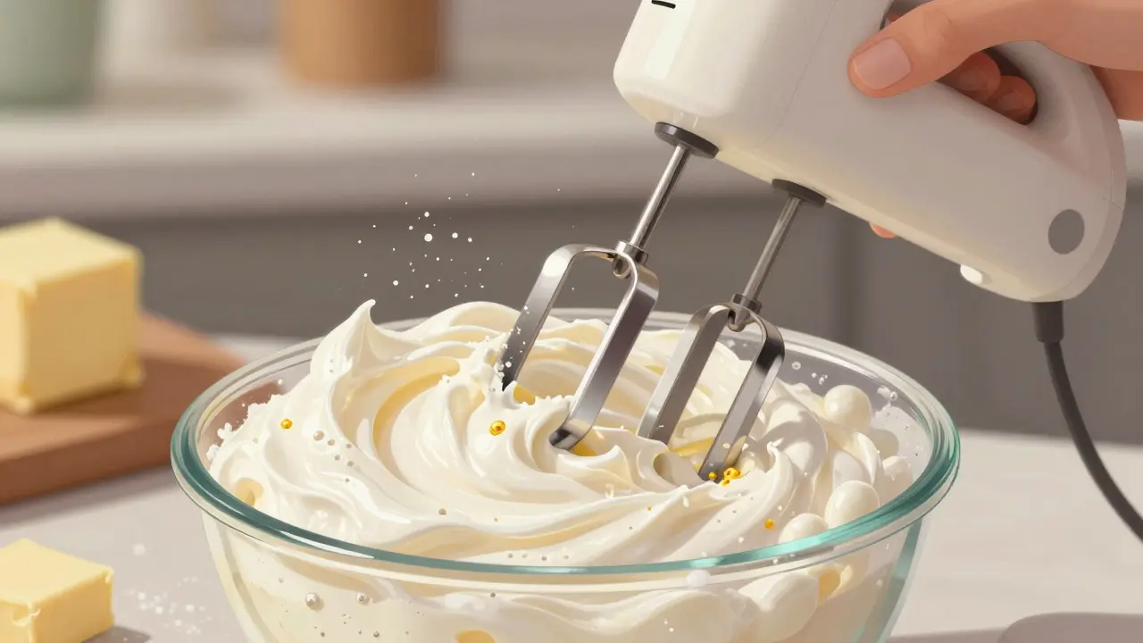 Elektrický mixér míchá máslo a cukr do jemné, pěnivé krémové hmoty.
