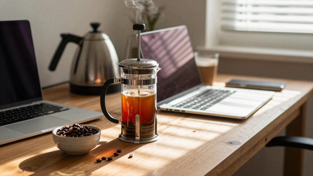 French press na stole v kanceláři, káva právě začíná tekout.