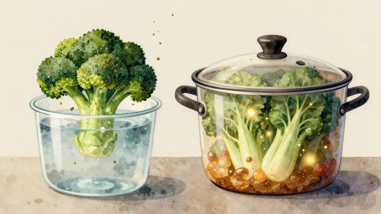 Ilustrace ztráty vitamínů při vaření a jejich zachování při dušení v potravinách.