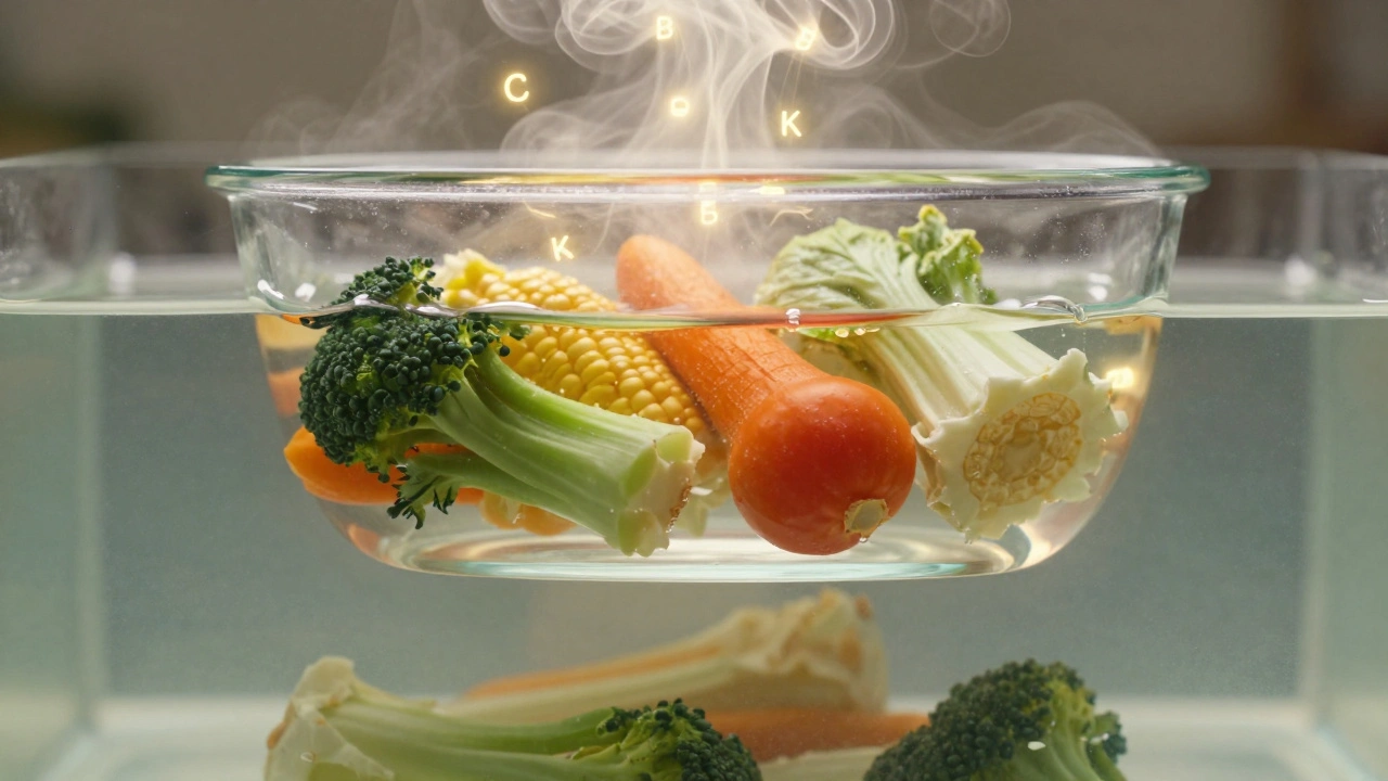 Koncepční obrázek s vitamíny stoupajícími z pářené zeleniny jako zlaté jiskry.