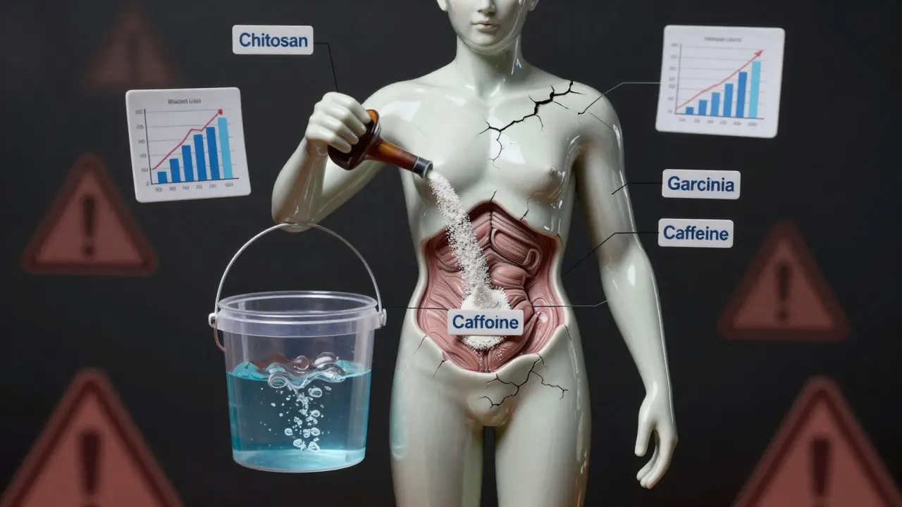 Konceptuální obrázek těla, do něhož vtečou prášky, zatímco kalorie unikají jako voda z díry.