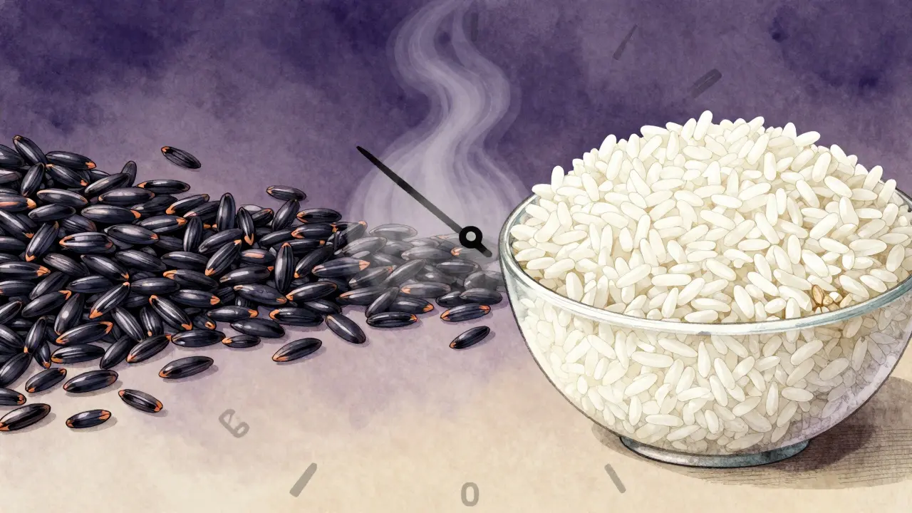 Konceptuální znázornění přeměny syrové černé rýže na dokonale uvařenou