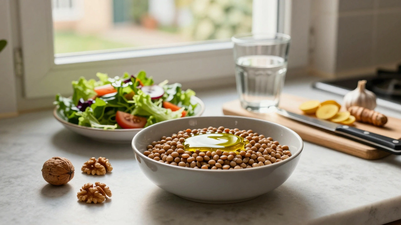 Kuchyňský stolek s čočkou, olivovým olejem, ořechy a sklenicí vody v přírodním světle.