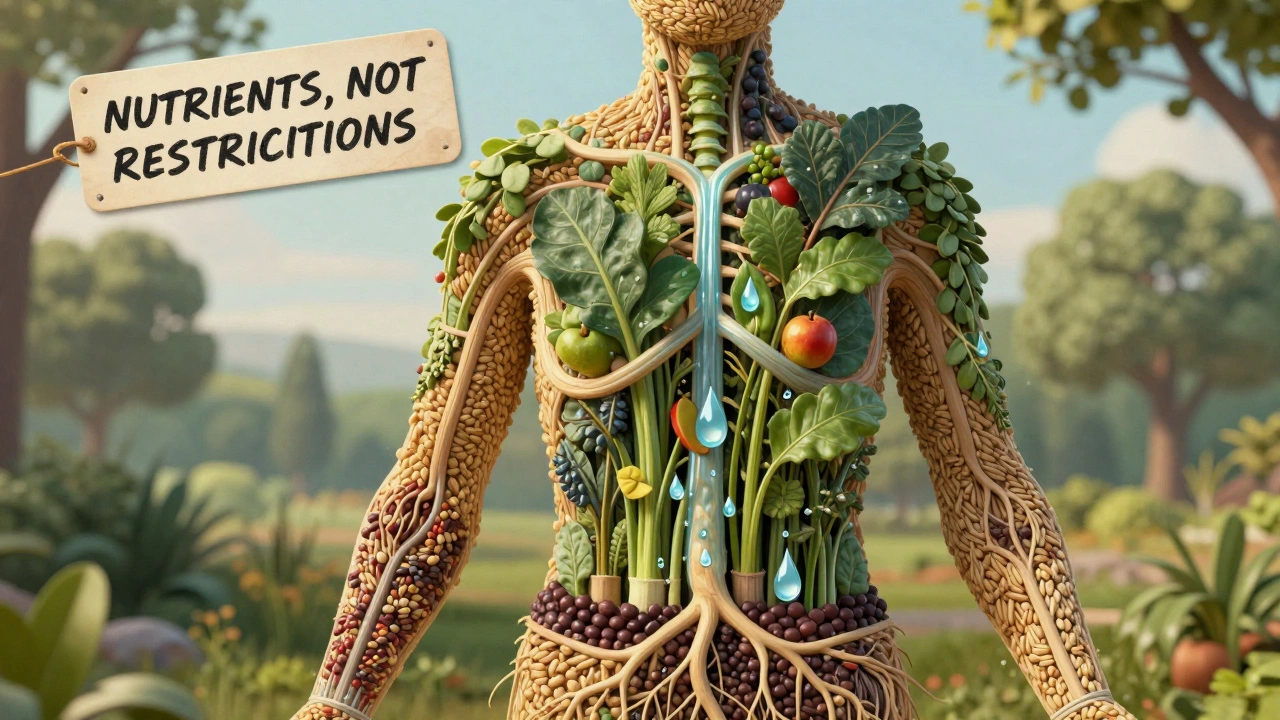 Lidské tělo jako zahrada s kořeny z obilovin a listy z ovoce a zeleniny pod sluncem.