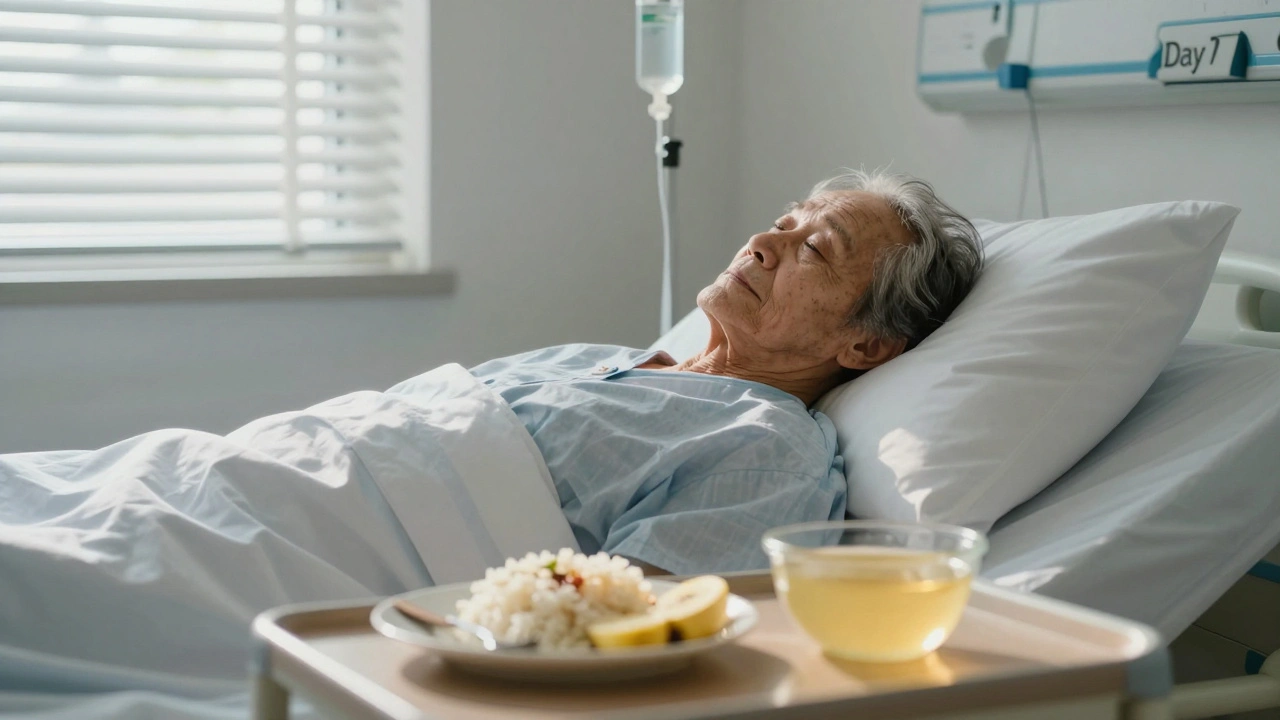 Nemocný pacient v posteli s kapáním elektrolytů a jednoduchou potravou na stole, den 7 půstu.