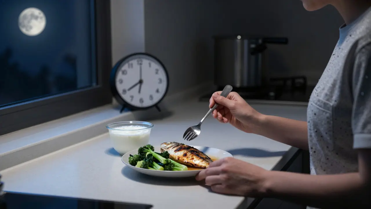 Osoba jí lehkou večeři v 2 ráno během noční směny.