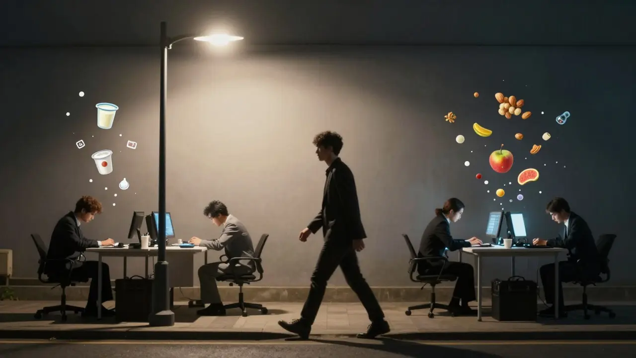 Osoba kráčející večer pod lampou, za ní stínové postavy sedící u počítačů.