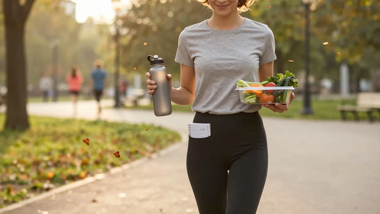 Osoba kráčí v parku s lahvičkou vody a zeleninou, za zády zlatý západ slunce.