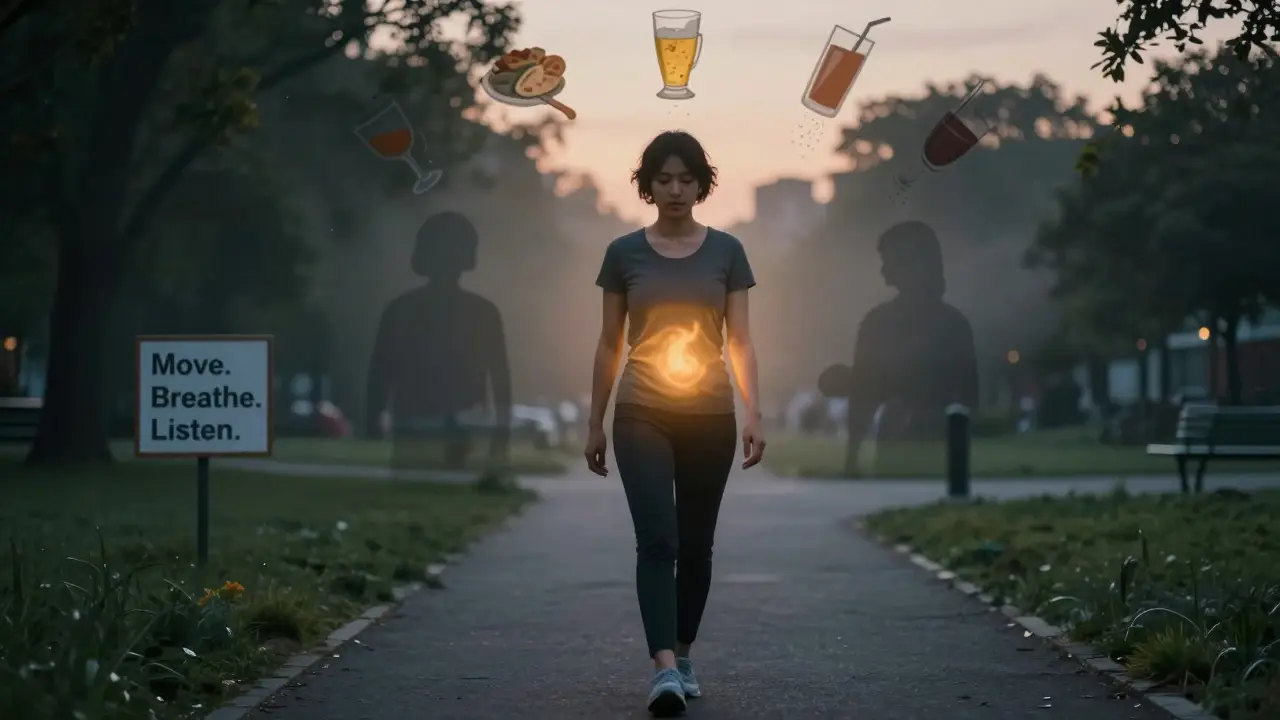 Osoba prochází večerním parkem, břicho je v klidu, za ní se rozptylují plynaté potraviny a nápoje.