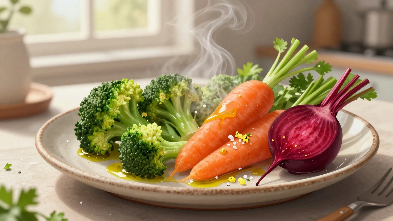 Pářená zelenina na keramickém talíři s olivovým olejem a citronem.