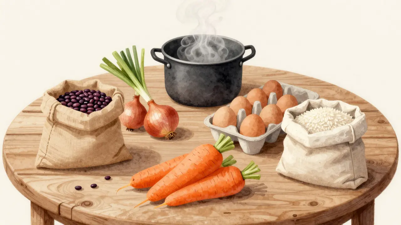 Pět základních surovin pro levné vaření: fazole, rýže, cibule, mrkev a vajíčka na dřevěné desce.