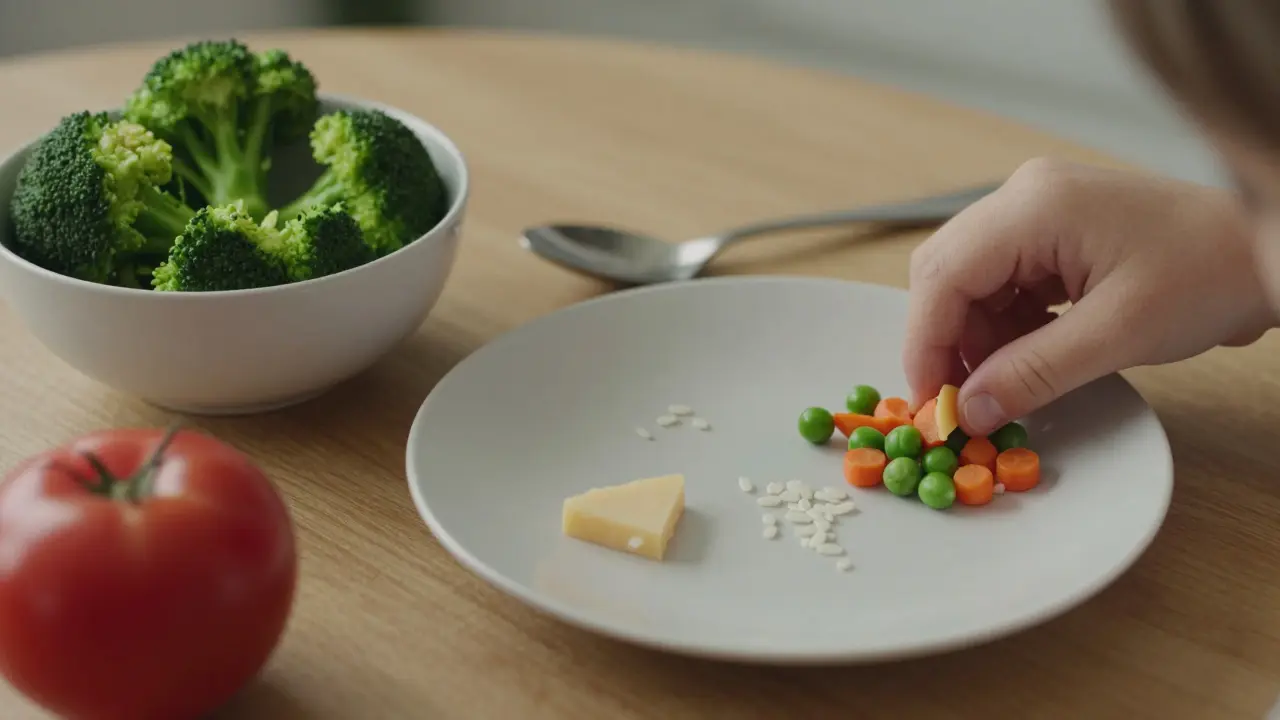 Prázdný talíř s rýží a sýrem, vedle něj nové jídlo s hráškem a mrkví.