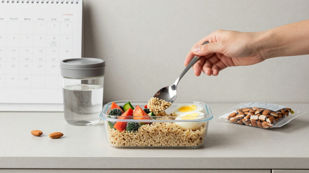 Připravená jídla v nádobě s celozrnnými obilovinami, mraženou zeleninou a vejci vedle vody a oříšků.