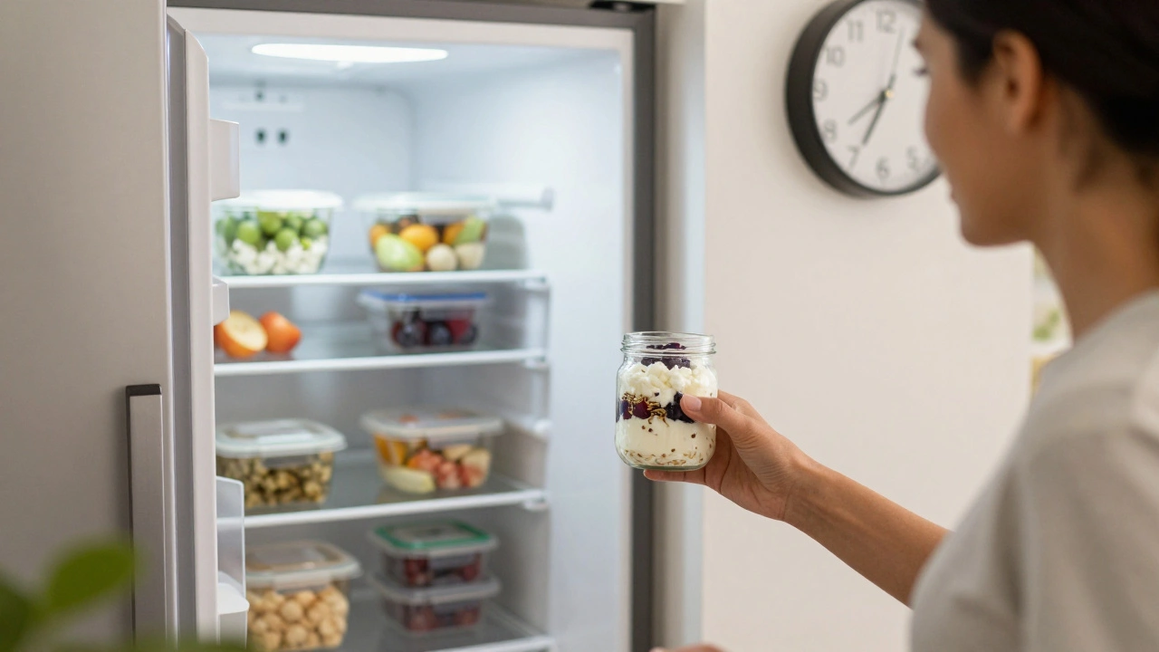 Připravená snídaně v skleněném kelímku pro rychlý odchod ráno