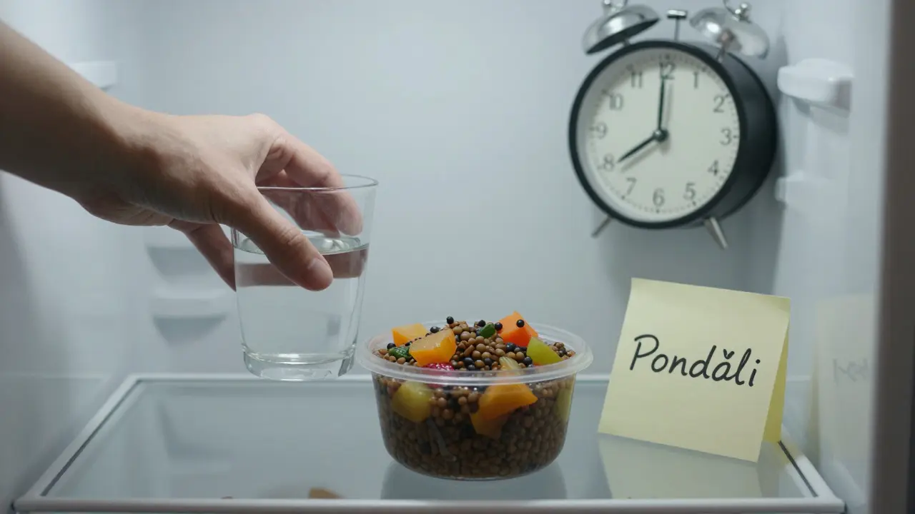 Připravená večeře v lednici s nápisem 'Pondělí' a sklenicí vody, symbolizující plánování bez tlaku.