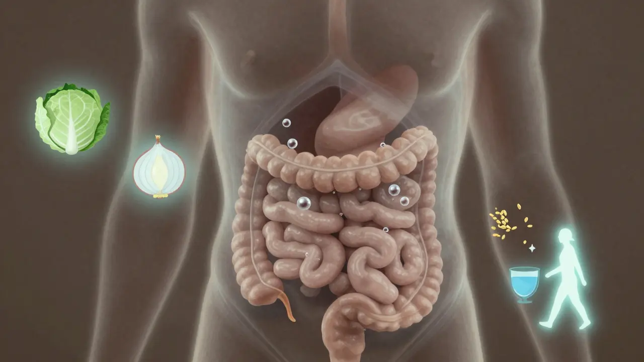 Průhledný obrázek břicha s plynem, který se pohybuje směrem k výstupu, kolem něj potraviny, které způsobují i uklidňující prvky.