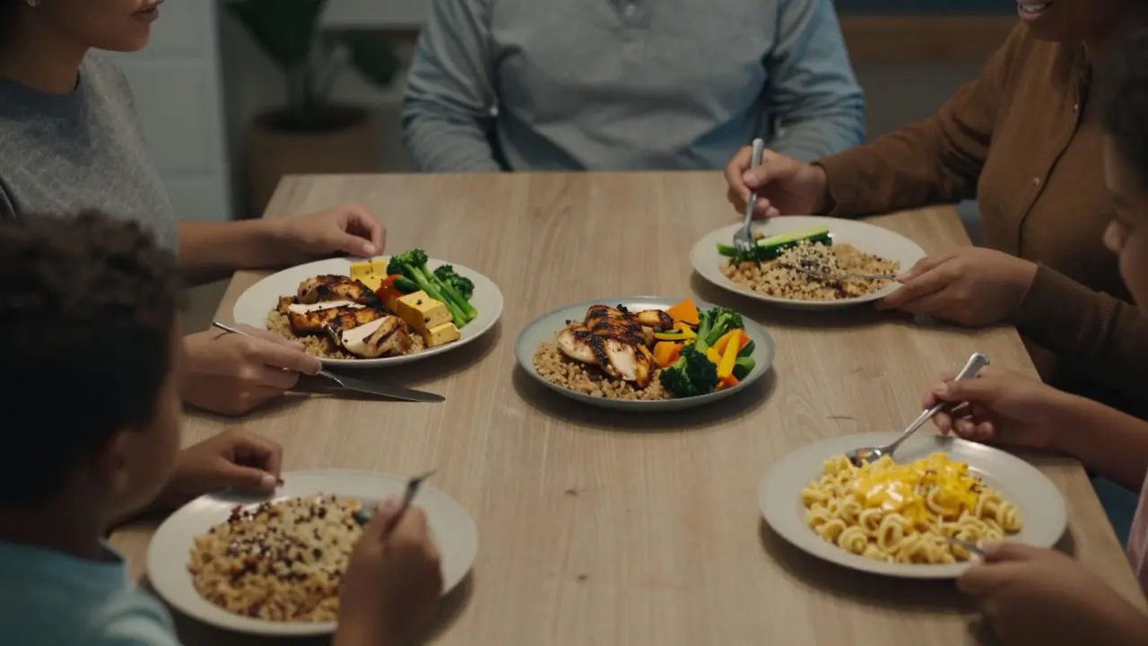 Rodina společně jí s různými přílohami na stejném základě — kuřecí maso, tofu a sýr.